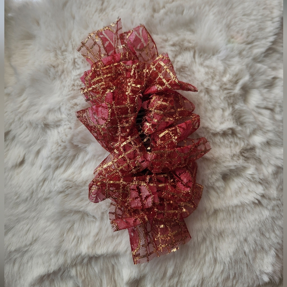 Red and gold ruffles sheer lace ribbon hair clip